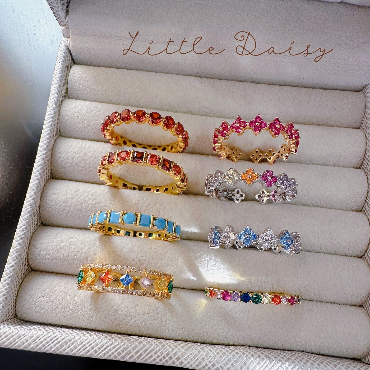 Little Daisy浪漫彩宝日系指环彩虹色闪钻戒指开口多巴胺叠戴戒子