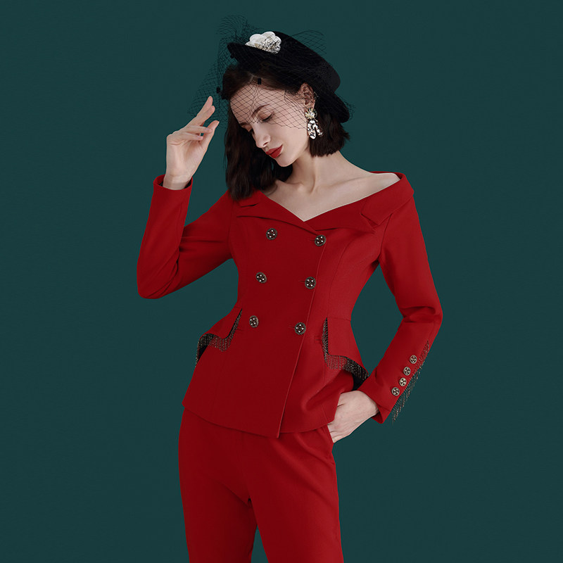 玟瑄设计师款番茄红西装套装女2023新款炸街修身西服外套一字肩