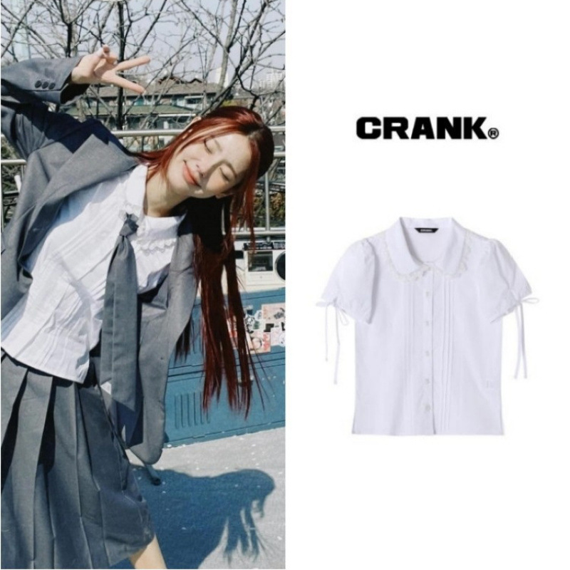 现gidle赵美延同款CRANK韩国小众潮牌蕾丝花边系带蝴蝶结短袖衬衫