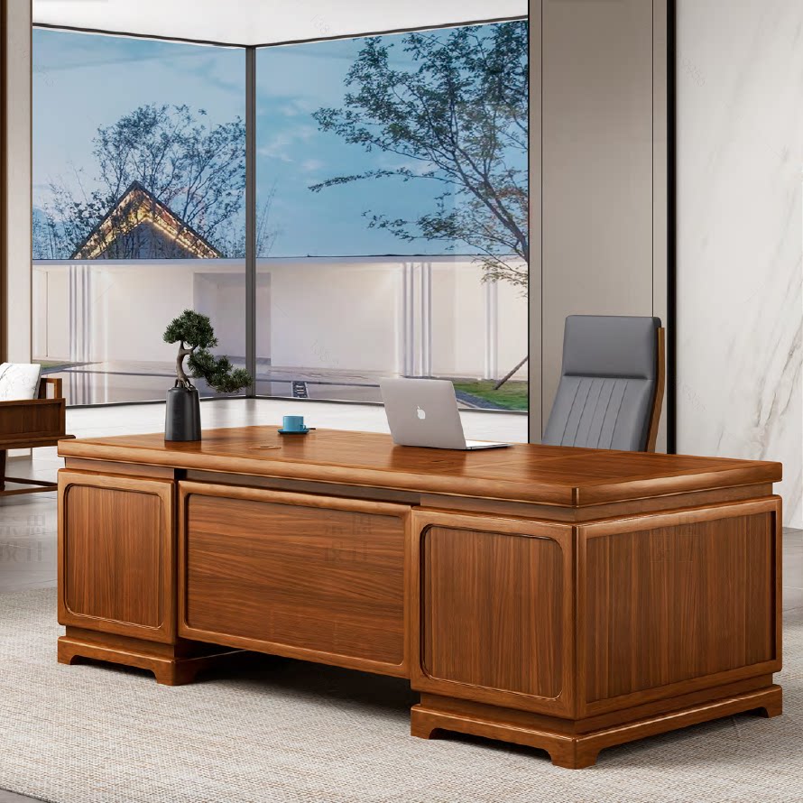 8米胡桃木老板桌大班台原木色家用办公桌