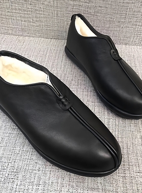 冬季纯羊毛棉皮鞋皮毛一体棉鞋真皮保暖男鞋套脚加绒加厚爸爸鞋子