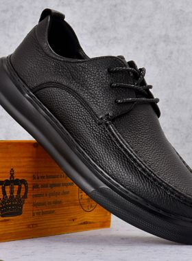 男士皮鞋春季新款真皮潮流百搭英伦厚底系带牛皮商务休闲豆豆鞋男
