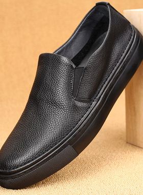 新款头层牛皮男士板鞋父亲一脚蹬百搭休闲低帮潮鞋镂空透气平底鞋