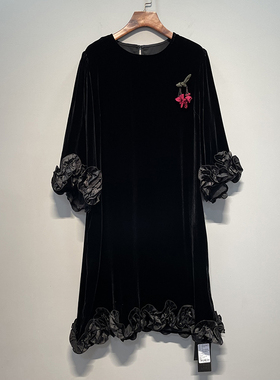 2026春新款圆领七分袖捏花宽松中长款真丝丝绒桑蚕丝连衣裙25191