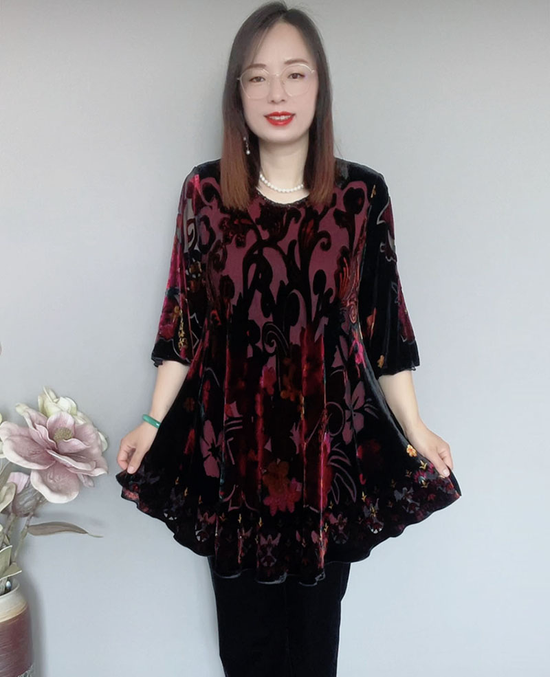 圆领桑蚕丝植绒提花中长款大衫女