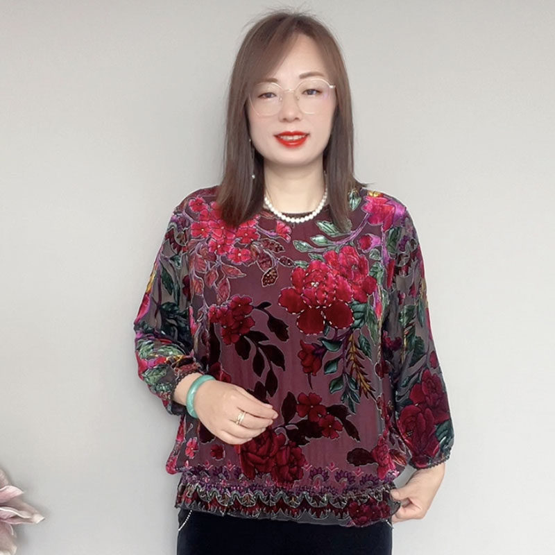 时尚新款圆领手工串珠桑蚕丝植绒提花加肥加大妈妈装上衣财地027