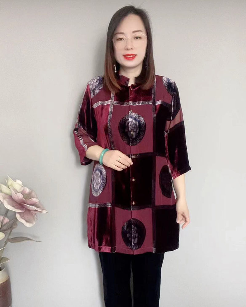 立领桑蚕丝植绒提花开衫外套上衣