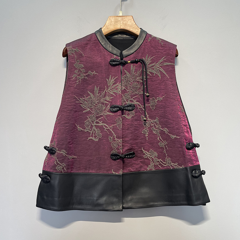 圆领盘扣中国风绵羊皮宽松马夹