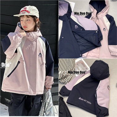 牛哆哆2025冬季新款男女童拼色连帽冲锋衣夹棉宽松保暖外套39515