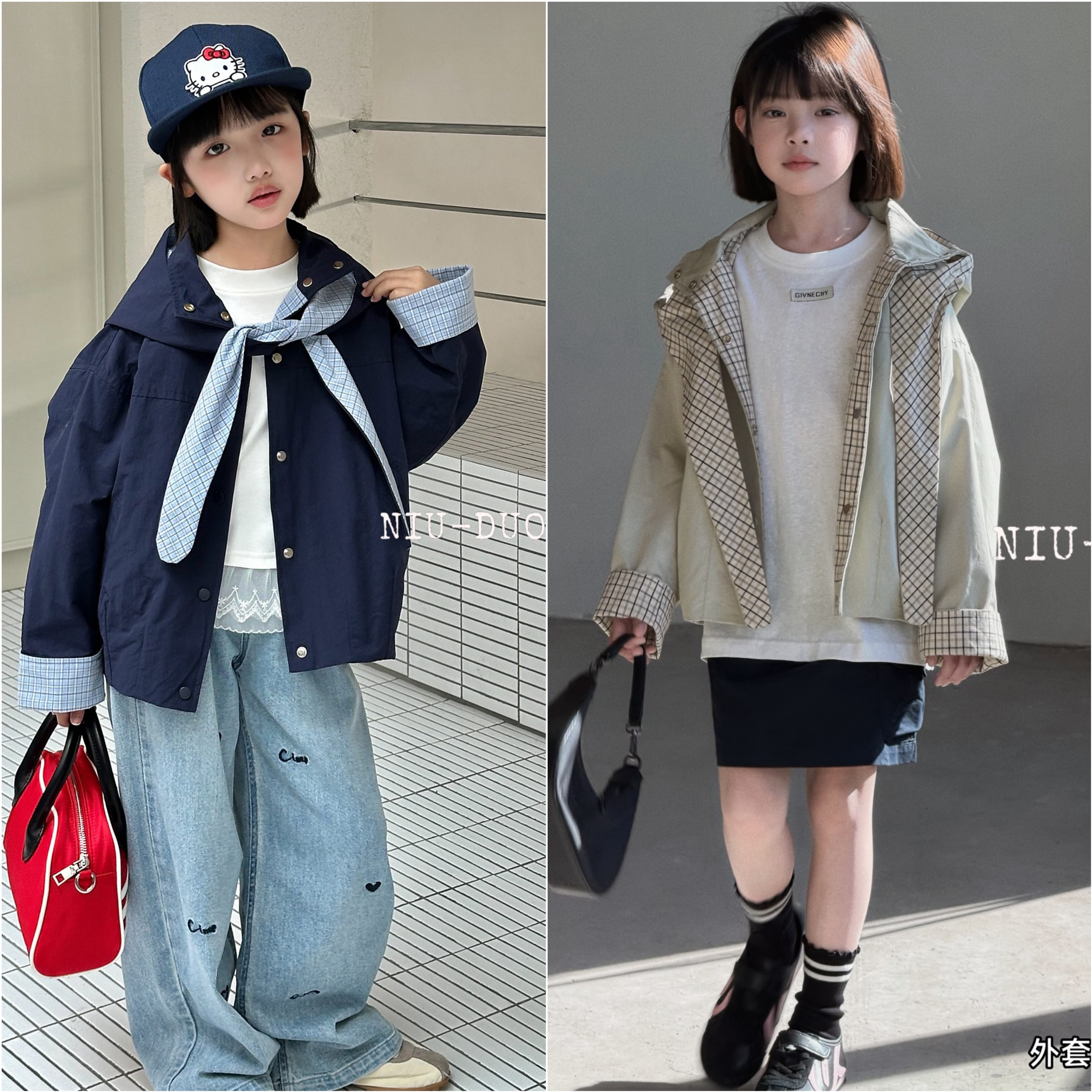 牛哆哆2026春款女童连帽格子内衬宽松外套中大童单排扣开衫69278