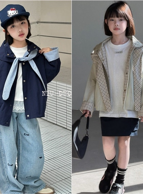 牛哆哆2026春款女童连帽格子内衬宽松外套中大童单排扣开衫69278