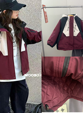 吾束2024冬季款男女童休闲连帽派克服加棉加厚中大童冲锋衣66512