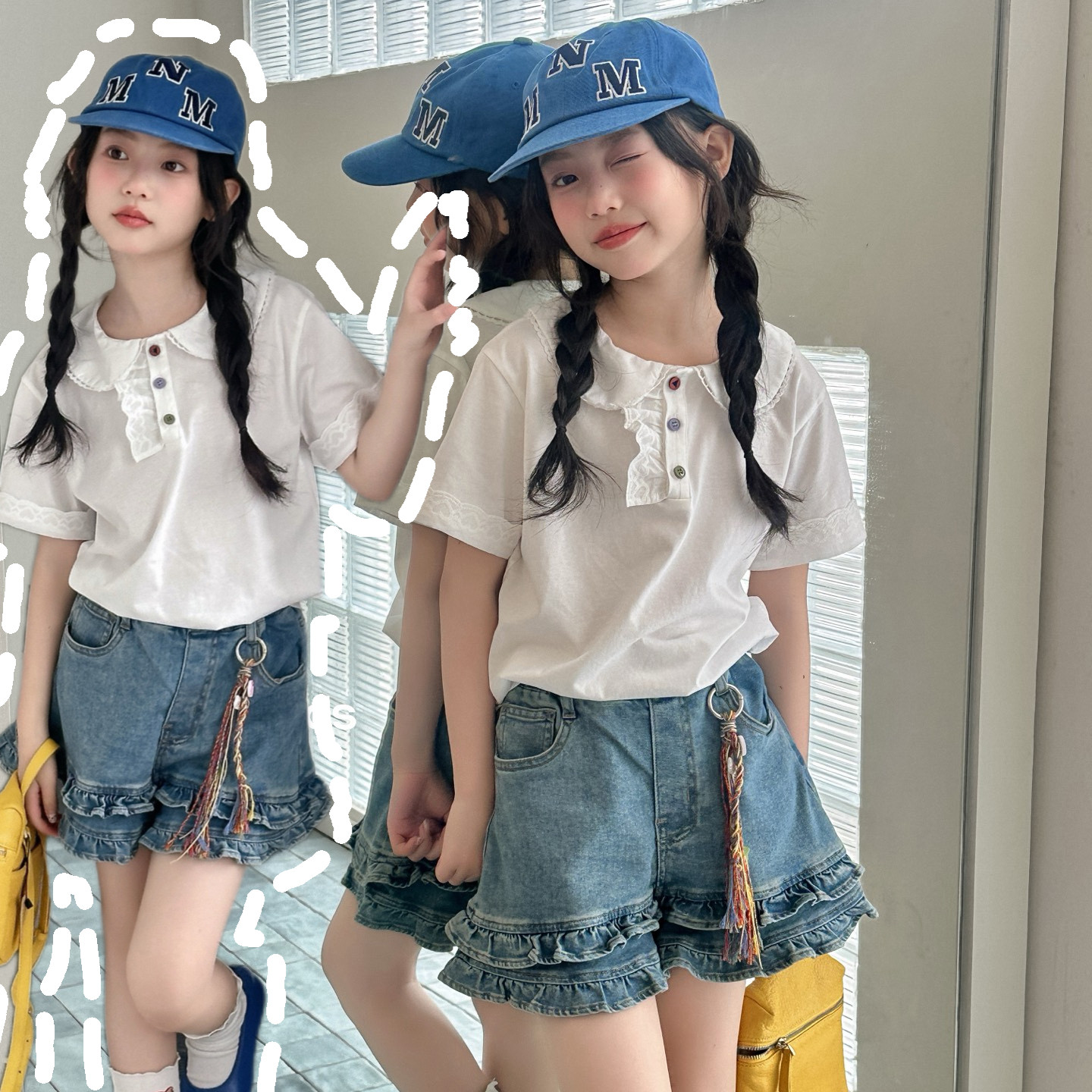 吾束2026夏季新款女童娃娃领短袖T恤中大童纯棉可爱韩版上衣33511