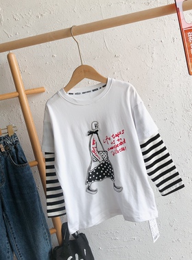 牛哆哆女童拼接长袖T恤秋季新款白色纯棉打底衣中大童51803