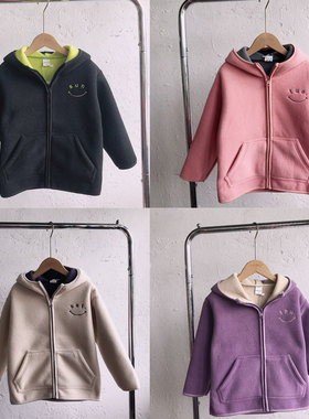 大E小e冬季新款男女童连帽摇粒绒外套双面撞色保暖开衫28021