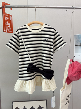 品牌2024夏新款女童条纹短袖蝴蝶结连衣裙洋气珍珠包淑女裙91592