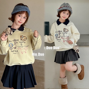 牛哆哆2025冬款女童假两件小狗刺绣一体绒卡通卫衣配挂件包76306