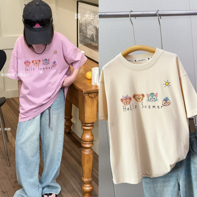 嗨大E小e2024夏新款女童卡通动物印图宽松短袖T恤肥大版上衣9600