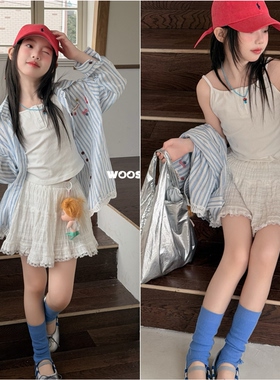 吾束2026春夏款女童蕾丝刺绣蓝色条纹休闲衬衫中大童两件套33521