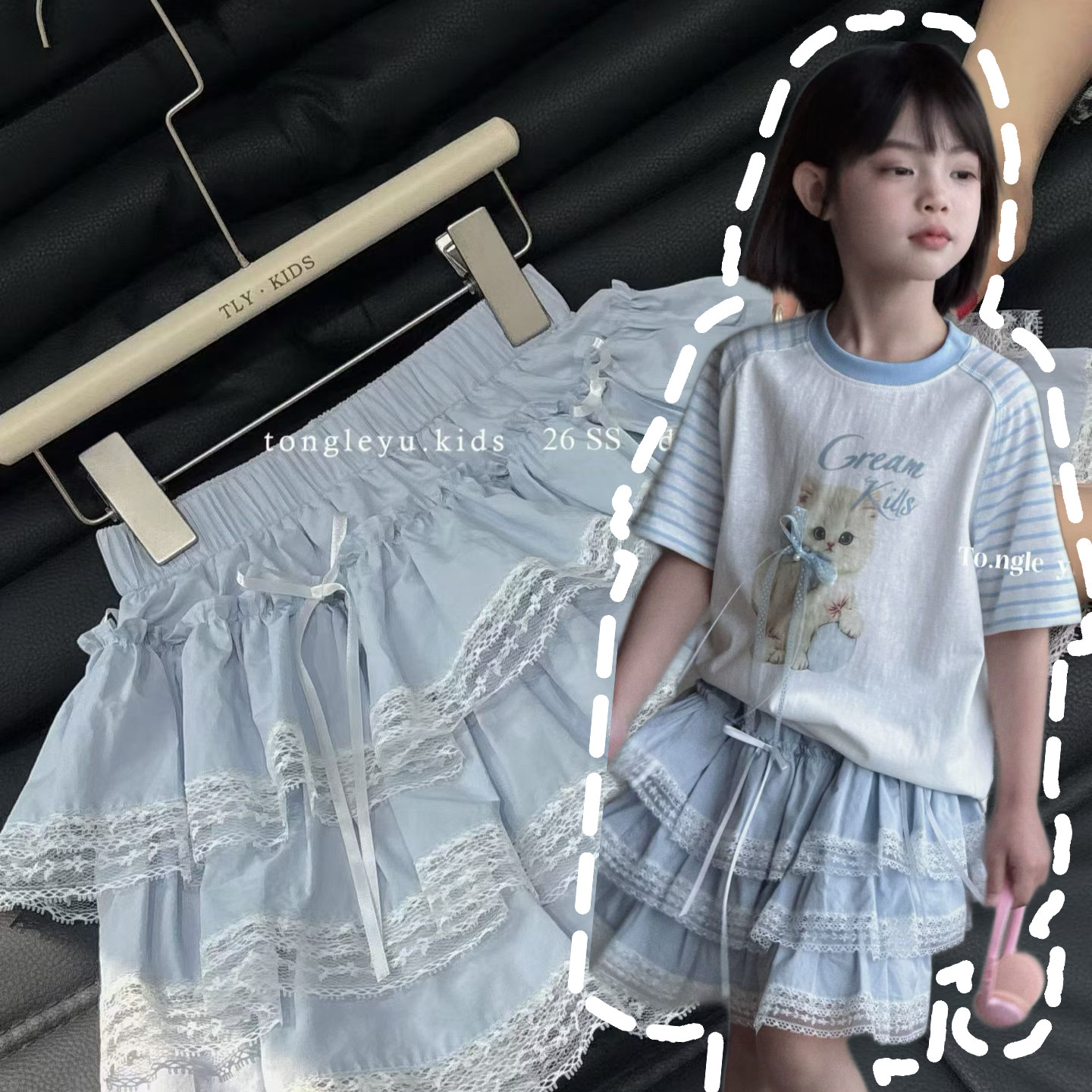 童乐鱼2026夏装款女童蝴蝶结蕾丝边公主裙韩版蛋糕裙有底裤11013