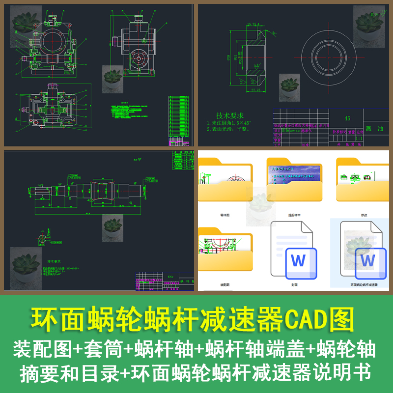 环面蜗轮蜗杆减速器设计装配图零件图CAD图带设计说明书