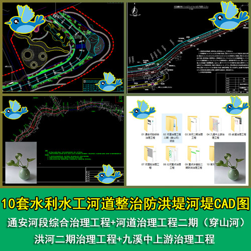 10套河段综合治理防洪治理工程平面图洪河断面图桥支渠断面CAD图