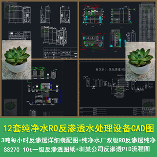 12套纯净水RO反渗透水处理设备净水机设备装置系统流程图CAD图纸