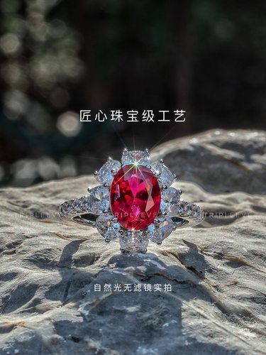 冬日焰火/合成鸽血红宝石戒指闭口耳钉耳环通体s925银镀铂金精工