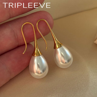 大水滴耳环极简珍珠耳钩精工钛合金不掉色经典 人造海水澳白方圆脸