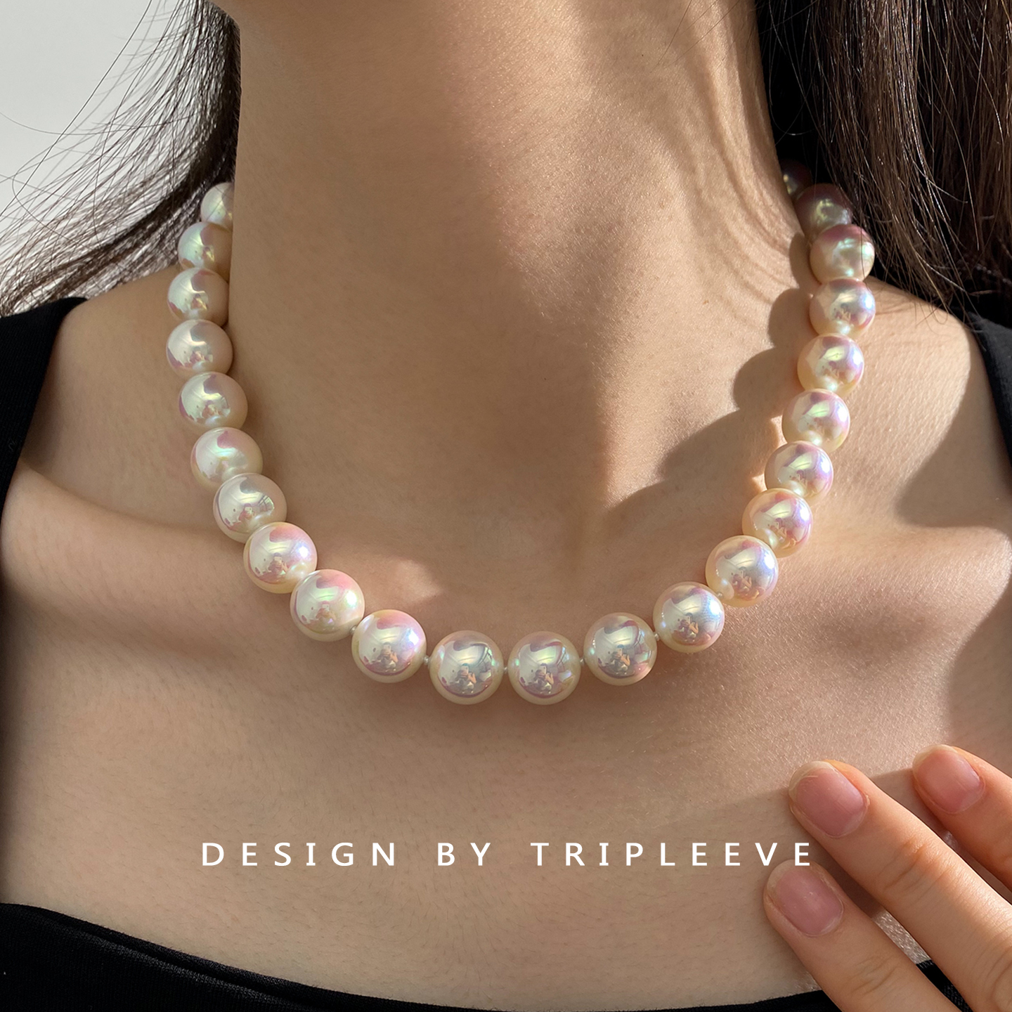 天然澳母贝珍珠项链青粉光澳白女轻奢正圆幻彩满钻磁吸送礼物