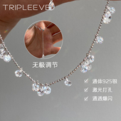 爆闪白水晶项链水滴通体s925银镀18k白金豆豆圆珠简约抽拉锁骨链