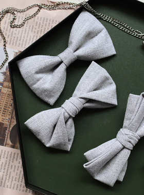 吴大侠浅灰色棉麻领结煲呔蝴蝶结婚新郎伴郎婚礼西装衬衫司仪森系