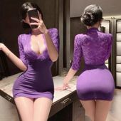 性感睡衣紫色深V包臀裙大码 睡衣 新款 紧身裙秘书欲风家居服套装