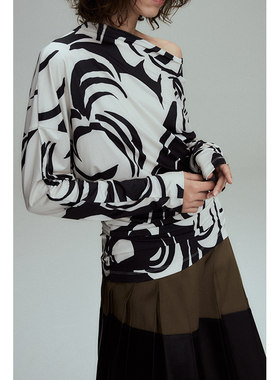 RUIEE如衣“月光剪影”艺术印花立裁不对称针织打底衫黑白/紫色