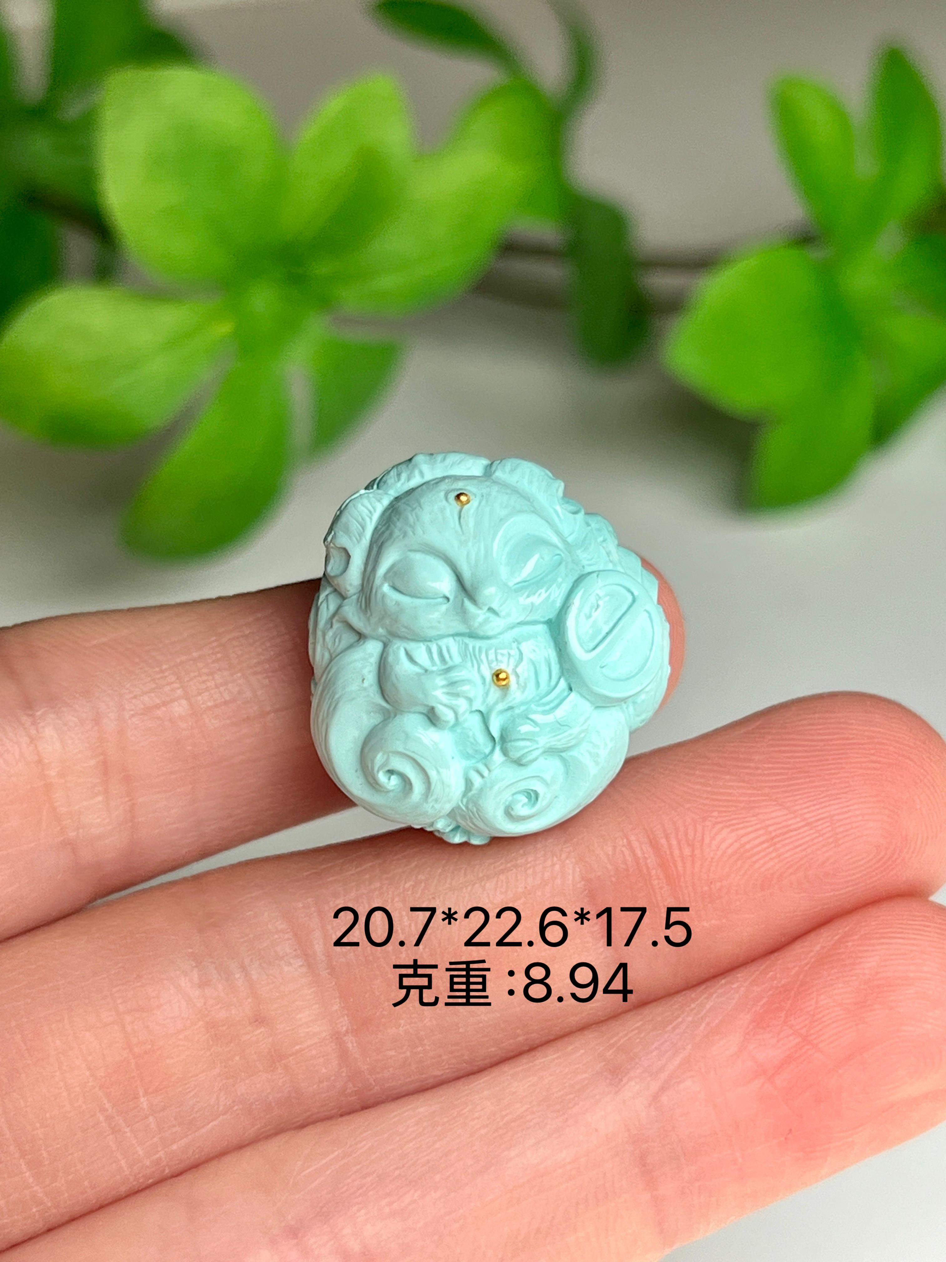 天然原矿绿松石高瓷精工特色奶昔蓝精雕狐狸小狐仙吊坠挂坠配饰