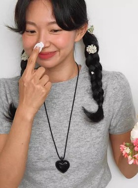 韩国fever同款皮质黑色爱心麻绳项链可调节桃心时髦辣妹锁骨链女