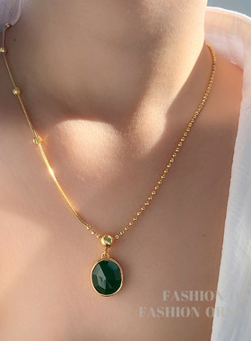 复古新潮绿色吊坠项链个性拼接设计颈链气质简约不对称锁骨链