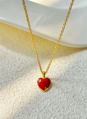 铜镀真金日韩简约红色爱心项链少女气质颈链ins风新款锁骨链T593