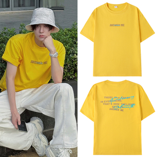 田栩宁同款黄色字母印花T恤韩版简约套头圆领短袖纯棉男女上衣服