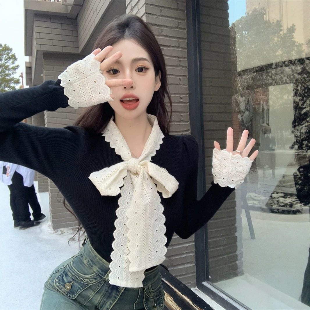 法式气质蕾丝蝴蝶结内搭毛衣针织衫女秋冬修身短款长袖打底衫上衣