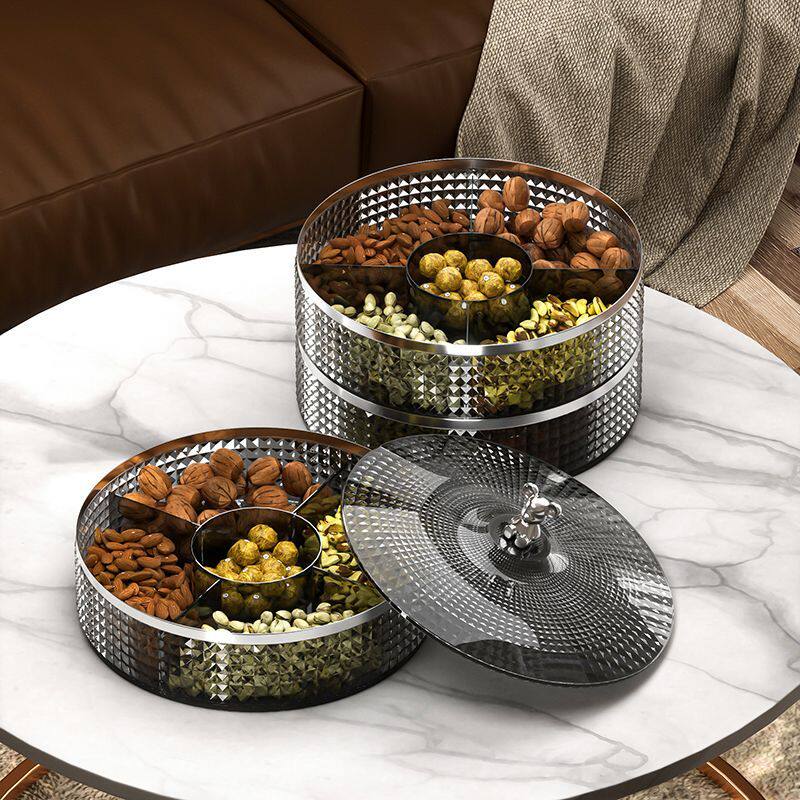 创意干果盘客厅茶几带盖糖果盒透明多层闪亮零食坚果5分格收纳盒