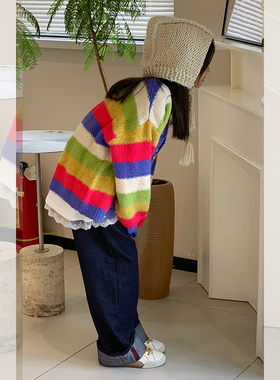 【彩虹糖】西西家女童2026春款条纹针织开衫儿童百搭毛衣Q25118