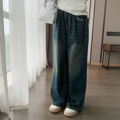 西西家新款儿童后袋玫瑰花牛仔裤