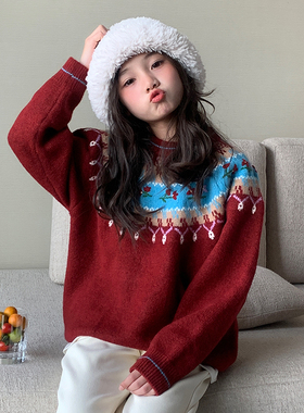 【复古费尔岛】西西家女童毛衣2025冬新款碎花儿童针织衫JX25047