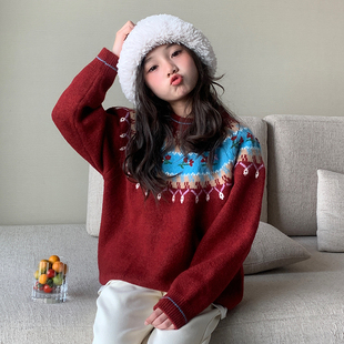 【复古费尔岛】西西家女童毛衣2025冬新款碎花儿童针织衫JX25047