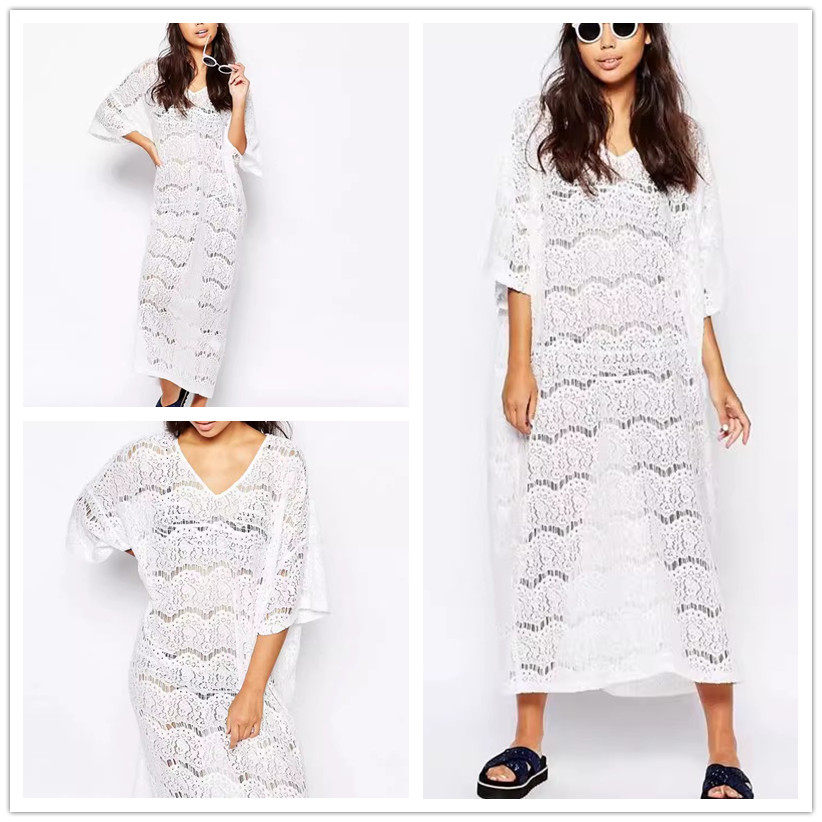 欧美镂空蕾丝针织连衣裙长款比基尼外罩衫裙沙滩裙海边度假长裙女