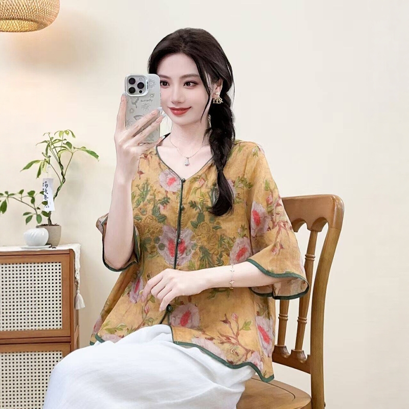 苎麻刺绣印花上衣小衫V领短茶服