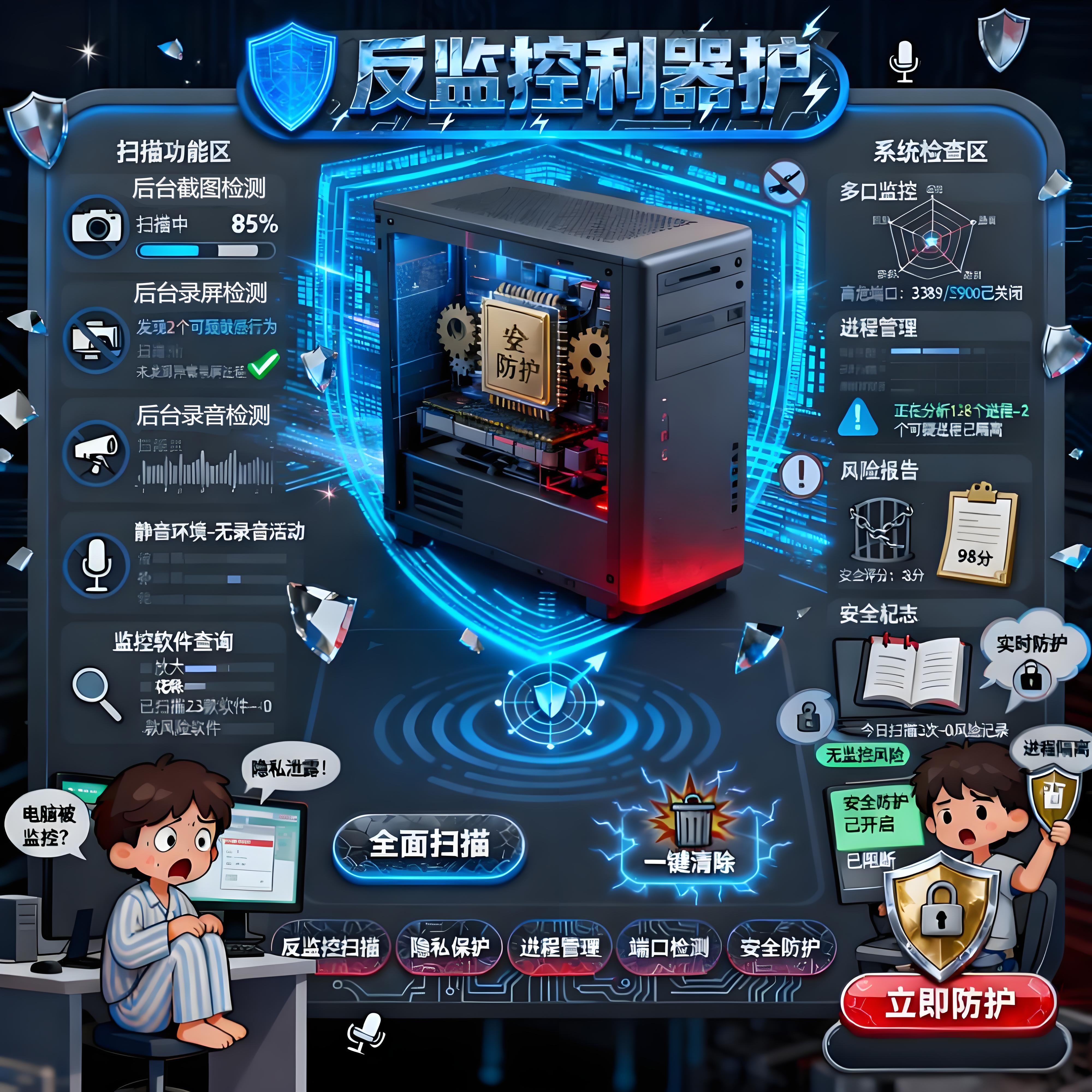 专业电脑端反监控检测工具检测各类监控软件端口后台录音录屏截图