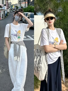 明星同款新款韩版宽松白色小精灵印花圆领长袖防晒T恤半身裙