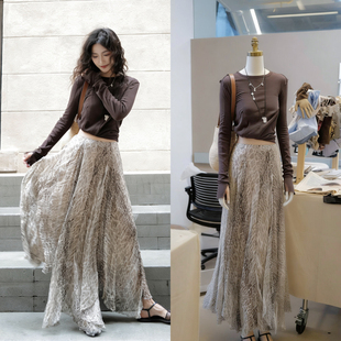 一路出品薄纱不对称印花灰绿色半身裙复古度假长裙女2026夏季新款